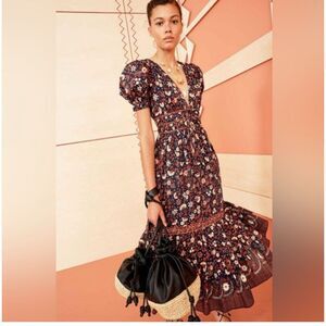 Ulla Johnson Blue Red Zaria Floral Puff Sleeve V Neck Midi Dress Size 6